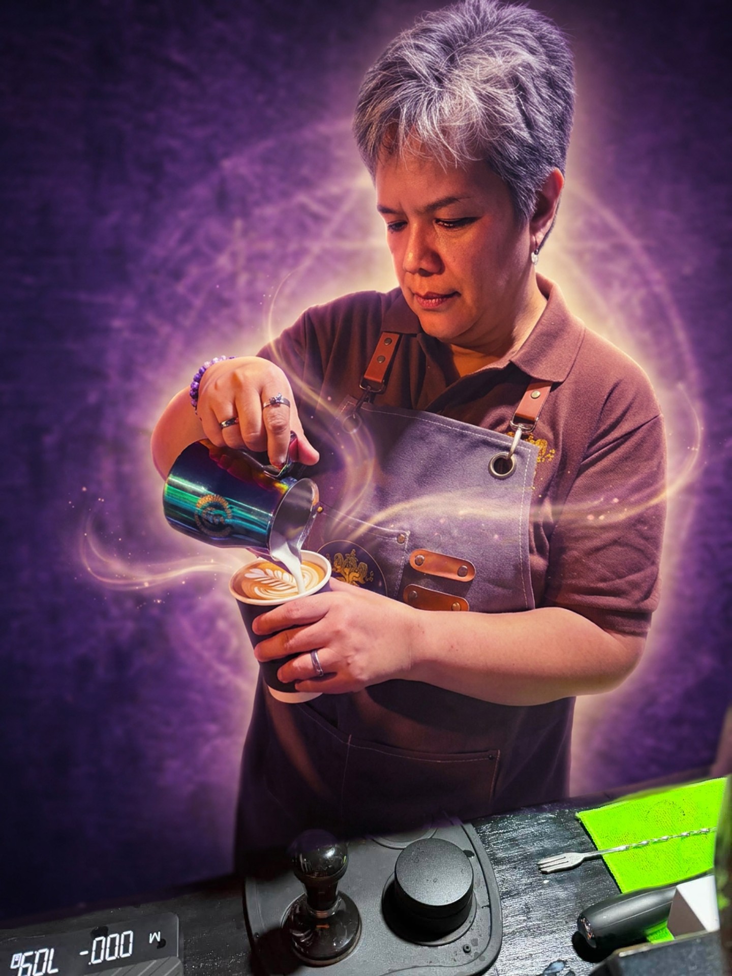 Barista pouring latte art at Brewhas